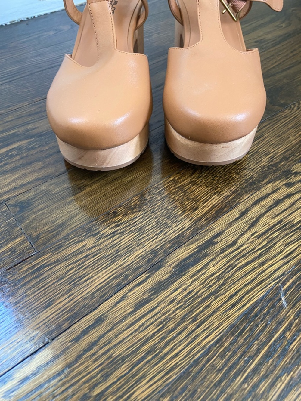 NWOB Charlotte Stone Women's Tan Leather Platform Mary Jane Clog Sandals - Picture 5 of 8